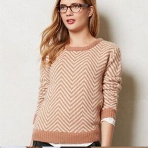 Ganni Anthropologie Women’s wool angora blend chevron tan crew neck sweater XL